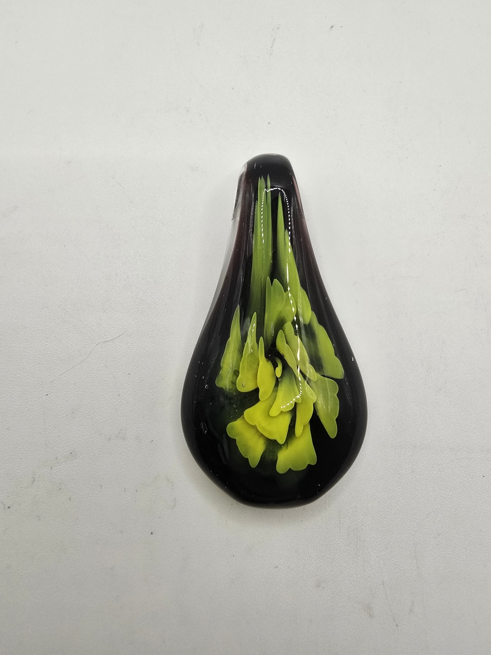 Murano Style Art Glass 3D Blooming Flower Black And Green Tear Drop Pendant